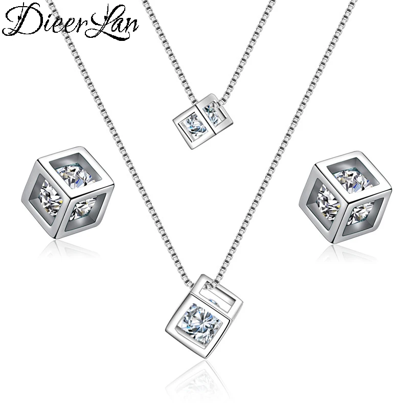 

2019 Bijoux New Bridal Jewelry Sets 925 Sterling Silver Layer Choker Necklaces Cubic Zirconia Cube Box Earrings for Women Gift