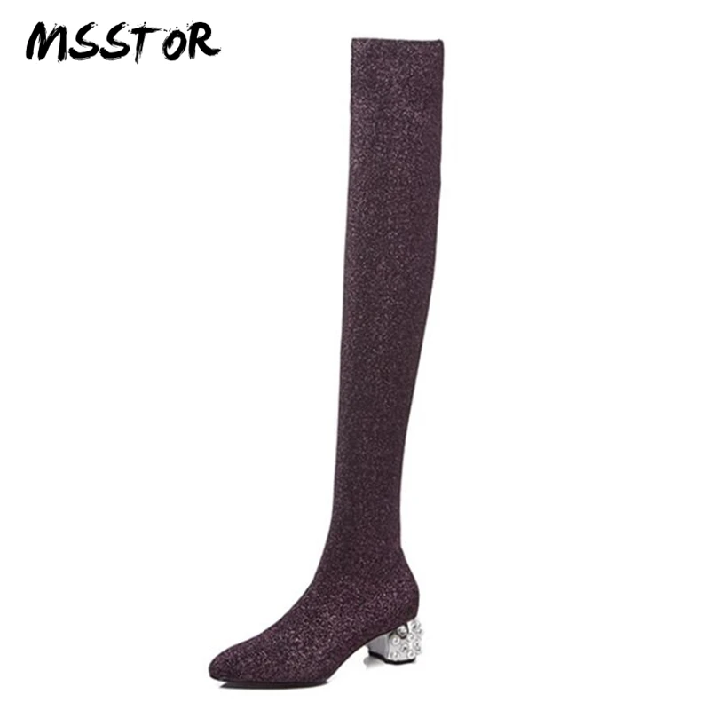 

MSSTOR Pearl Crystal Over Knee Boots Fashion Round Toe Autumn Spring Bling Knitting High Heels Boots Thick Heels Sock Boots 5CM