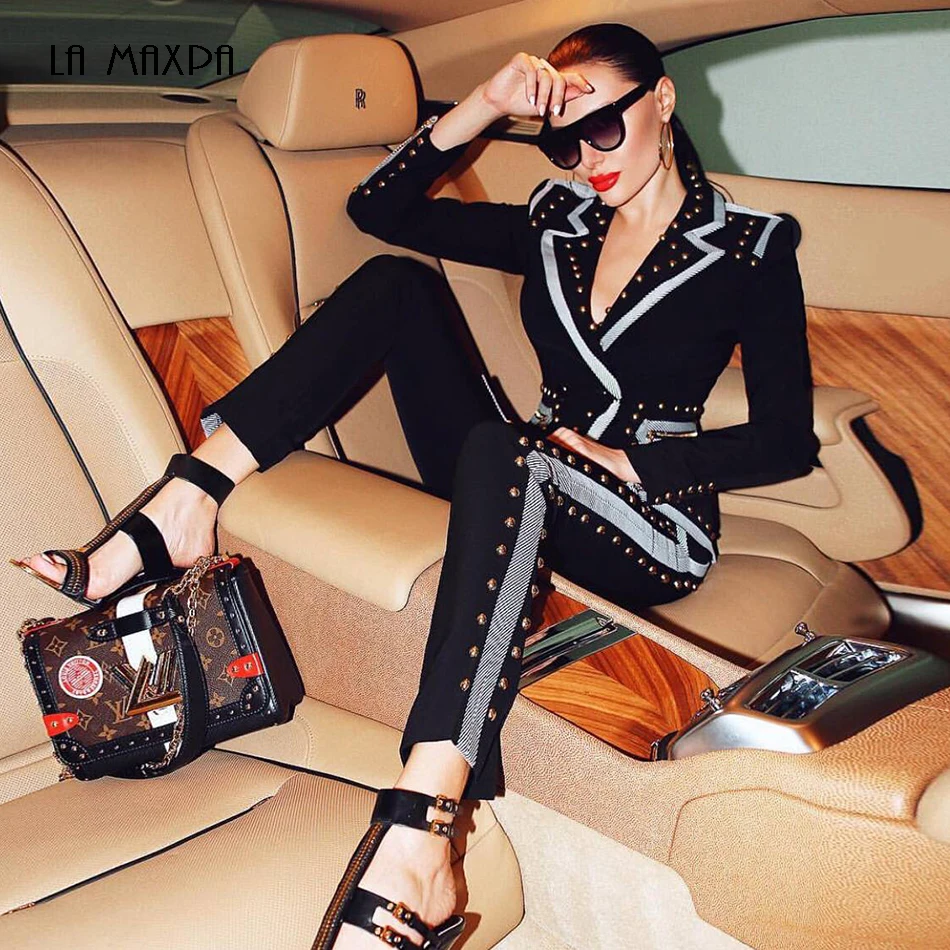 

2019 new women's V-neck rivets long-sleeved two-piece sexy Bodycon elegant celebrity party black jacket and pants 2 piece set Ve