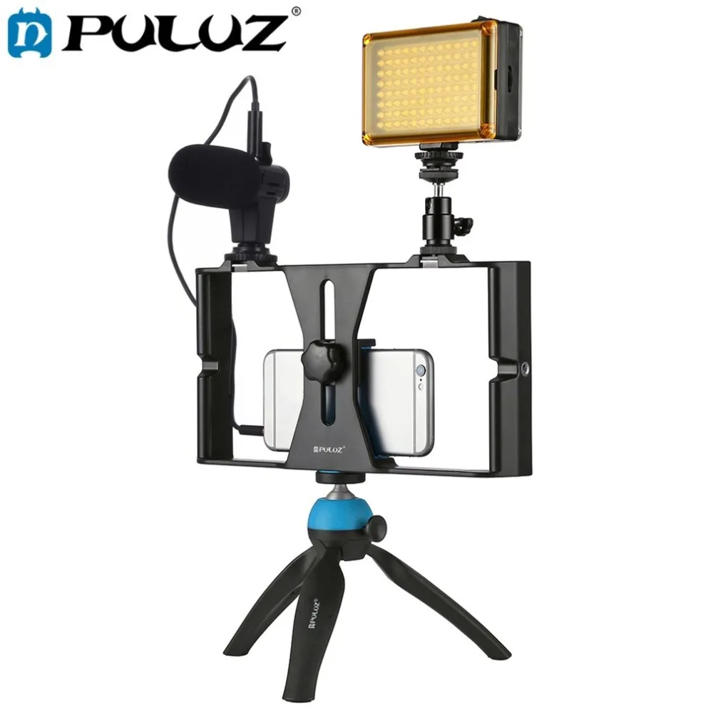

PULUZ 4 in 1 Live Broadcast LED Selfie Light Smartphone Video Rig Kits With Microphone Tripod Mount Cold Shoe Tripod Head