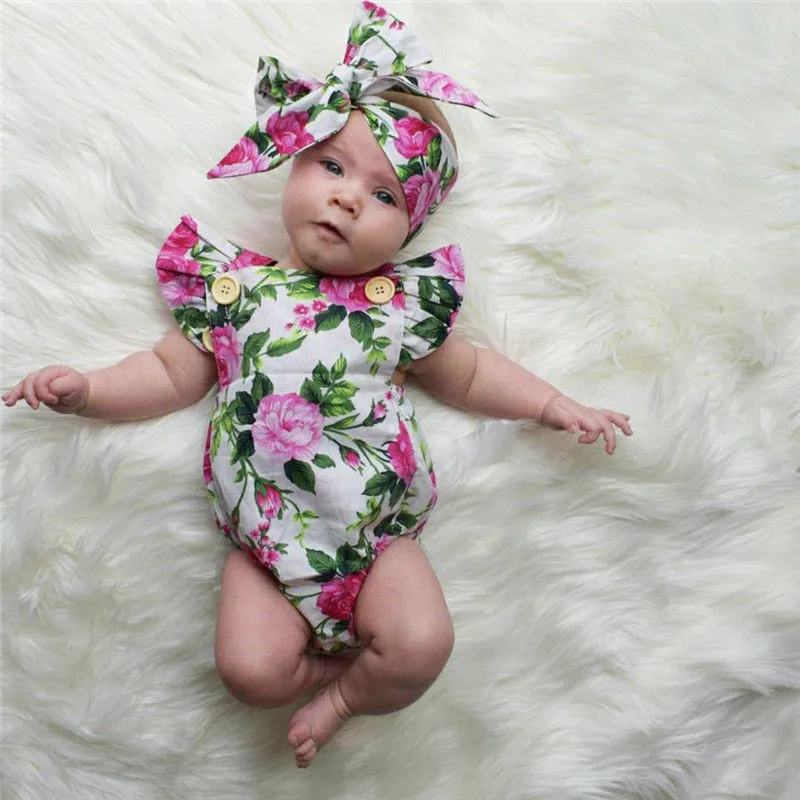 Newborn Infant Baby Girls Clothes square collar sleeveless Bodysuit Floral print Bowknot Headband 2PC cotton casual Outfit