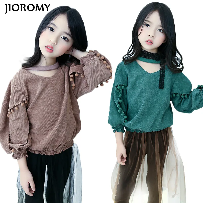 

JIOROMY big girls clothes suits 2018 Korean version of the corduroy o-neck shirt + net yarn leggings 2pcs sets for kids clothing