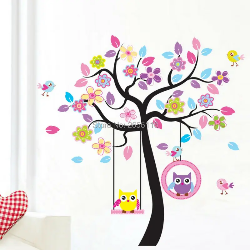 Cartoon Wall Stickers Birds Owls Tree Wall Decals for Kids Room Nursery Decoration(China (