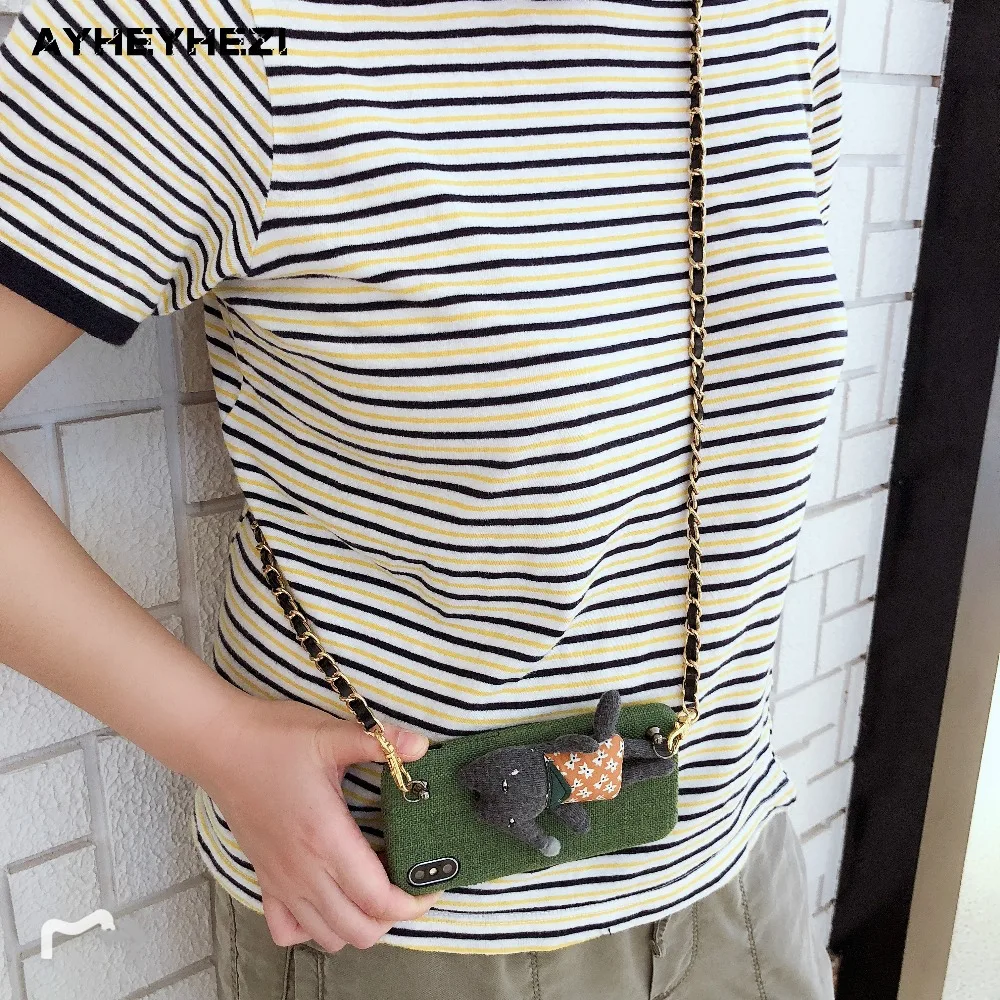 Goede Meisje Leuke 3D Hond Doek Crossbody Telefoon Cover Case met Riem Lange Keten Ketting Voor iPhone XS MAX XR X 6 s 6 7 8 Plus Case Cover