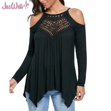 

JasWell Women's Casual Tops Lace Cold Off Shoulder Long Sleeve Loose Blouse Shirts Hollow Out O-Neck Irregular Hem Pullover
