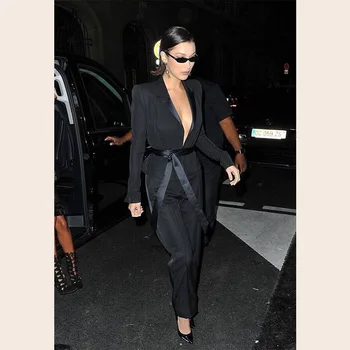 

2018 New Style Purple Black 2 Two Pieces Set Jumpsuit High Quality Women Fashon Sashes Elegant Celebrity Evening Party Jumpsuits