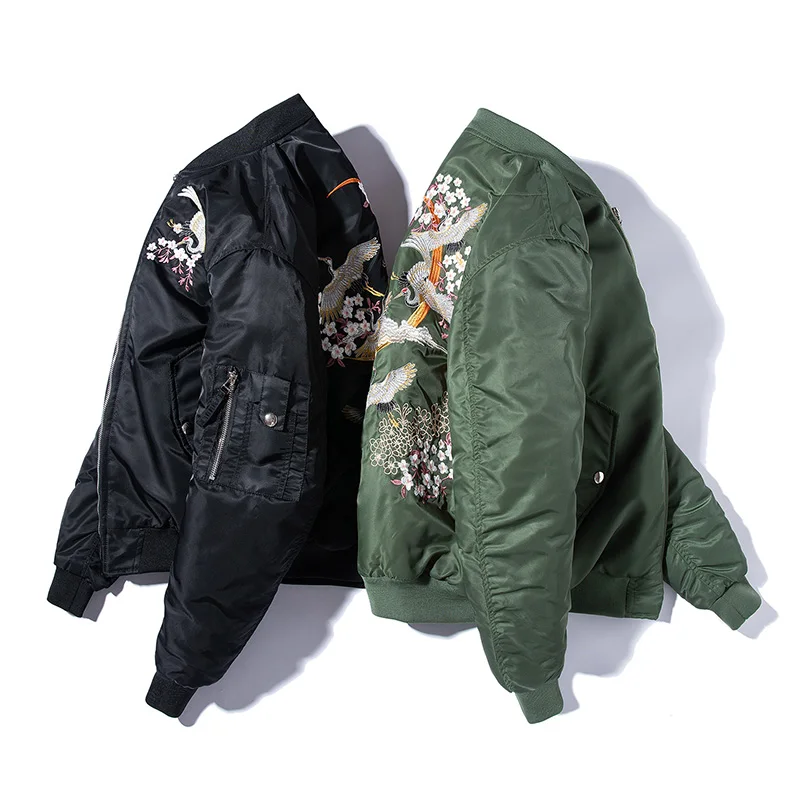 lower price  Embroidery Bomber Jacket Men Thin Bird Floral Pilot Jacket Male Japan Harajuku Baseball Jacket Spri
