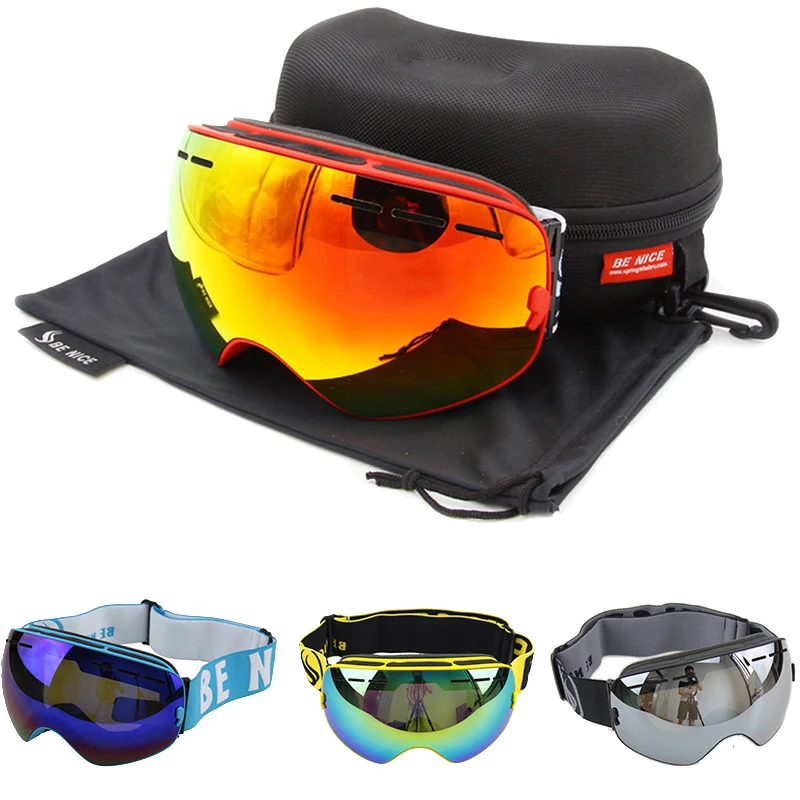 

BENICE plating Ski goggles box set with box anti-fog UV400 spherical men and women ski glasses Snowboard goggles case Boxed