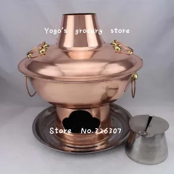

38cm China copper hot pot thickened Mongolian Chinese Beijing handmade charcoal fondue pot fire tube stainless steel plate set