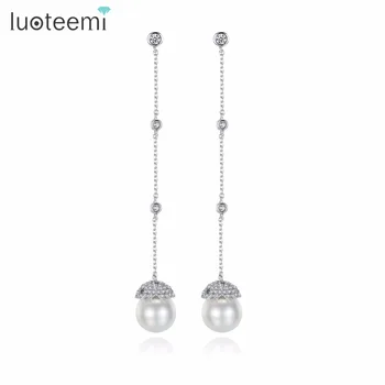 

LUOTEEMI Fashion Simulated White Pearl Dangle Earrings long Drop White Zircon Wedding Earrings For Women Jewellery