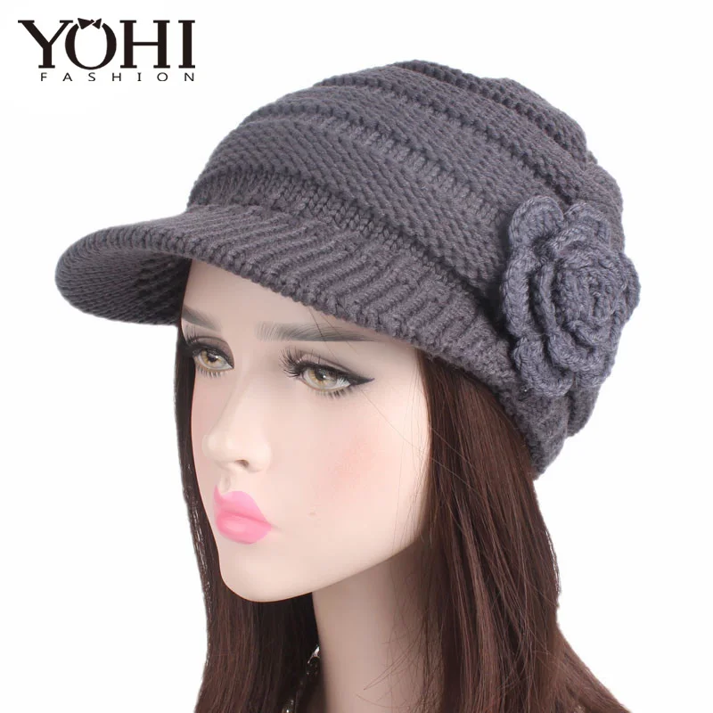 

2018 New winter warm Women girls Knit Visor slouchy beanie Hat knitted beret cap with crochet Flower baseball caps