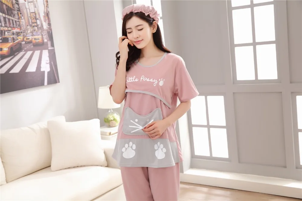 Bonito dos Desenhos Pijama para Mulheres Pijama de Algodão de Manga Roupas de Maternidade Fdfklak Animados Tamanho Grande Grávidas Curta Dormirwear Conjunto Verão 8 Cápsulas de dormir