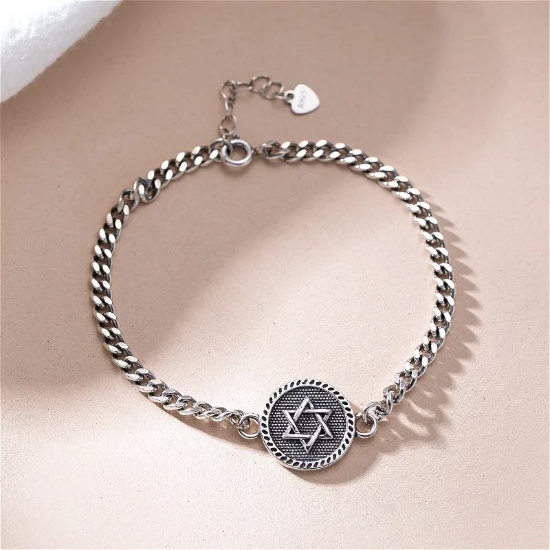 

Fengxiaoling S925 Sterling Silver Retro Style Round Hexagram Charm Bracelets For Women Fine Jewelry Handmade Bijoux Femme