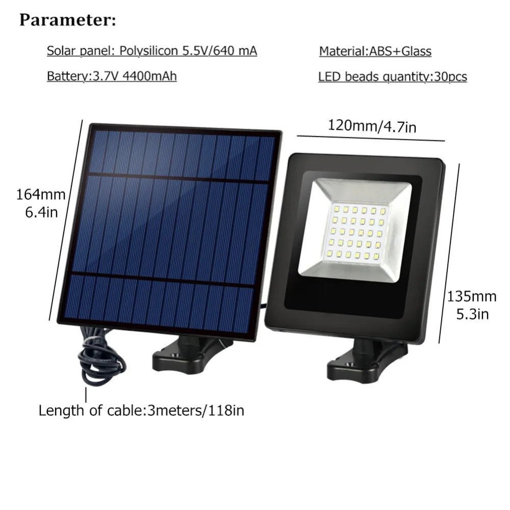 Садовый Солнечный светильник 30LED с панелью 3 метра, кабель, садовый прожектор, светильник на солнечной батарее, водонепроницаемый настенный светильник для улицы, солнечный светильник ing