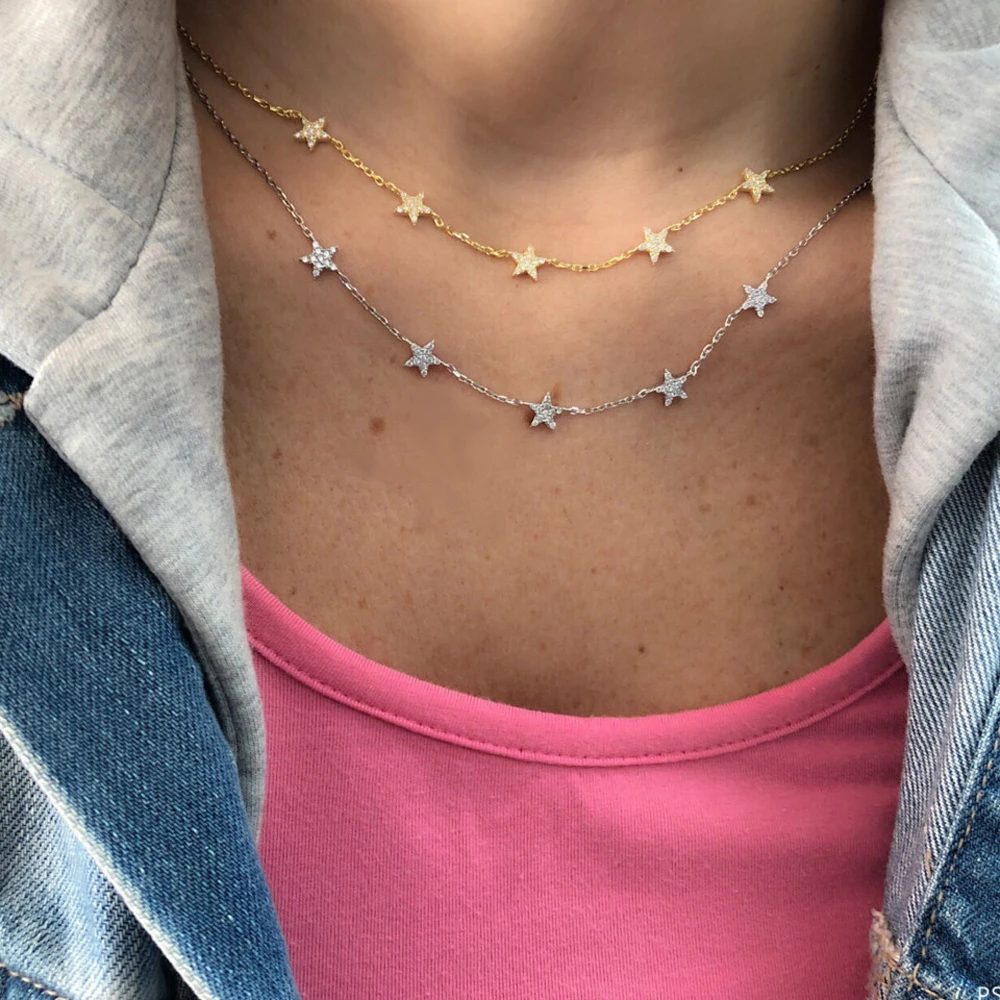 

925 sterling silver Fashion Choker Necklace minimal cz Moon delicate Chain Gold silver Women elegant simple charm star Jewelry