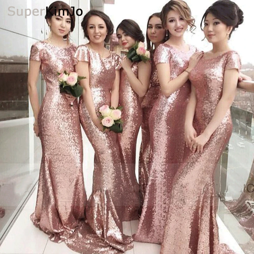 

SuperKimJo Robe De Mariee Rose Sequin Bridesmaid Dresses Long 2019 Short Sleeve Mermaid Elegant Wedding Guest Dress