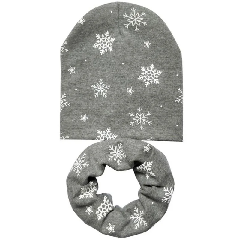 Grey Snowflake Set Новая осенне-зимняя детская шапка, комплект для мальчиков и девочек, шарф на шею, весенний теплый шейный платок, детские вязаные шапки, комплекты, хлопковая детская шапка, шарф - Цвет: Grey Snowflake Set