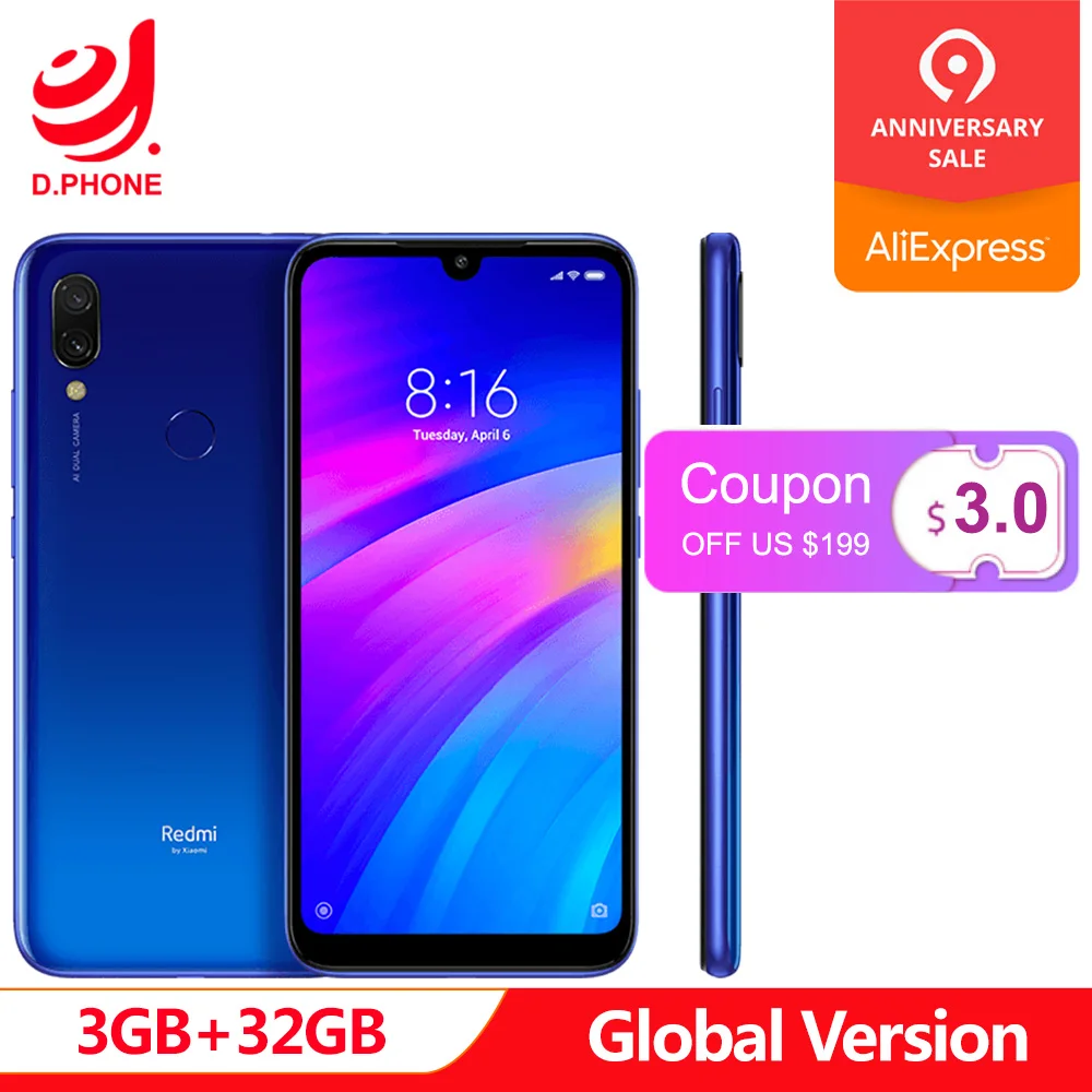 

Global Version Xiaomi Redmi 7 3GB 32GB Mobile Phone Snapdragon 632 Octa Core 12MP+2MP 6.26" 4000mAh Battery Smartphone