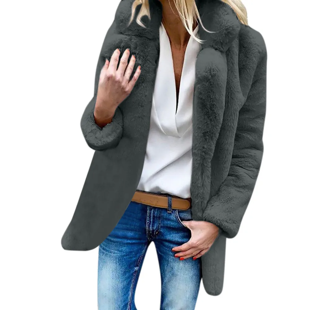 Зимнее женское длинное пальто, теплое Женское пальто из искусственной шерсти, куртка, однотонная женская парка с отворотом, пальто, верхняя одежда