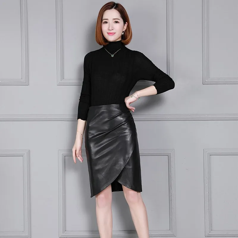 Высококачественная Женская юбка из натуральной овечьей кожи, Офисная Женская юбка до колена с высокой талией, кожаные юбки трапециевидной формы размера плюс 4XL