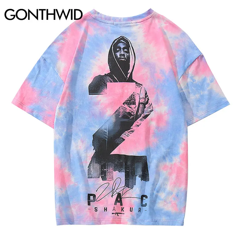 

GONTHWID 2Pac Tupac Shakur Print Tie Dye Tshirts Hip Hop Casual Short Sleeve Streetwear Tops Tees Summer Harajuku Swag T Shirts