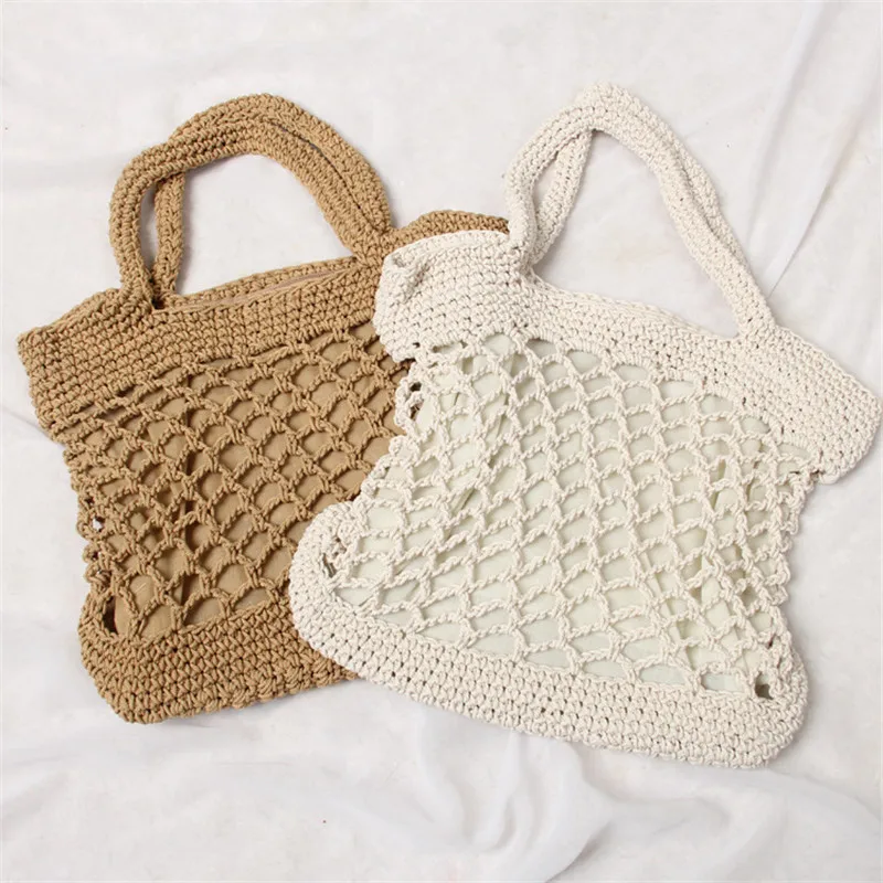 Popula хлопковая веревка полый соломенный мешок Sheer Macrame Tote богемский Сверхлегкий сумка на плечо Сетчатая Сумка Винтаж Ретро шикарная сумочка