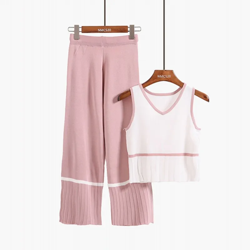 

2019 New Runway Women Tank Tops+Wide Leg Pants Knitted 2pcs Clothing Casual Vest Jumper Tops+Pant Knitting Clothing Suits