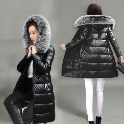 Зимние Куртки из искусственной кожи с меховым воротником, женские пальто средней длины с капюшоном, плотная верхняя одежда с длинным рукавом, теплая тонкая одежда из хлопка - Цвет: Black