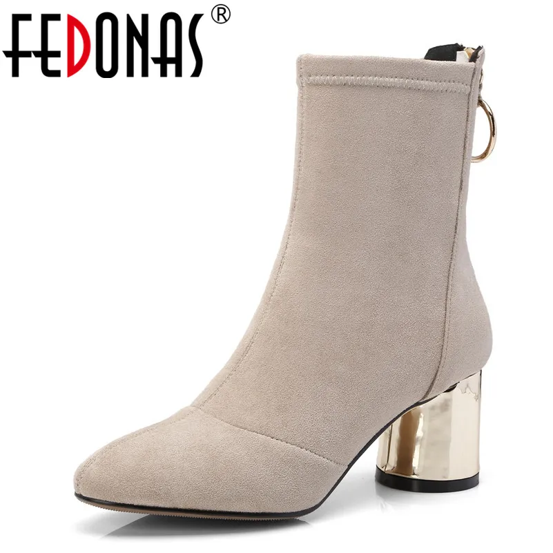 

FEDONAS Brand Women Mid-calf Boots High Heels Autumn Winter Short Ladies Shoes Woman Round Toe Casual Shoes Ladies Socks Boots