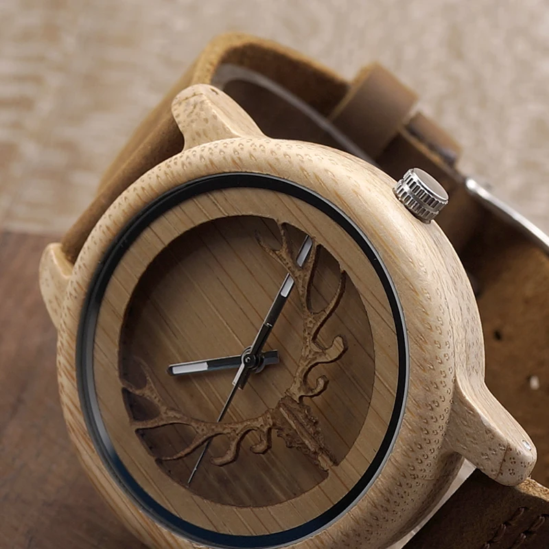 BOBO BIRD A27 Skeleton Watch With Deer Buck Head Design Bamboo Wood Quartz Watches With White Real Leather Band in Box Relogio