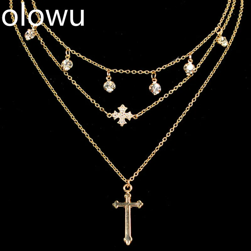 Olowu Золото Цвет 3 многослойное ожерелье с кулоном кубический цирконий крест воротник ожерелье s для женщин Элегантный ключицы колье ювелирные изделия