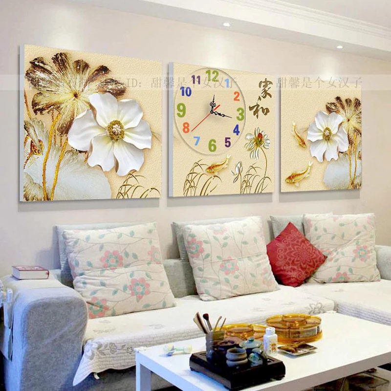 

The Living Room Large Diamond Painting, Full of Drilling Cross Stitch Embroidery With Clock Lotus Floral Clocks Triple Paintings