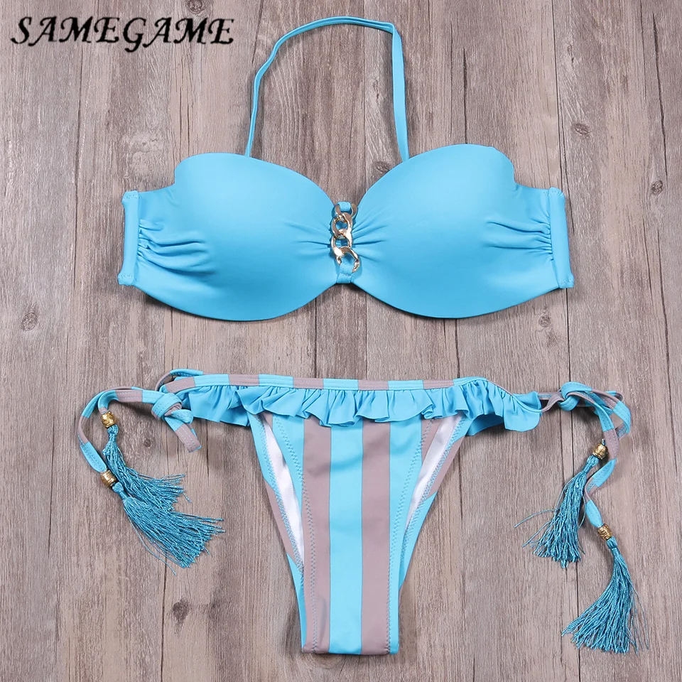 

SAMEGAME 2019 New Sexy Push Up Bikini Set Brazilian Women Swimsuit Bandeau Floral Print Swimwear Top Beach Bathing Suit
