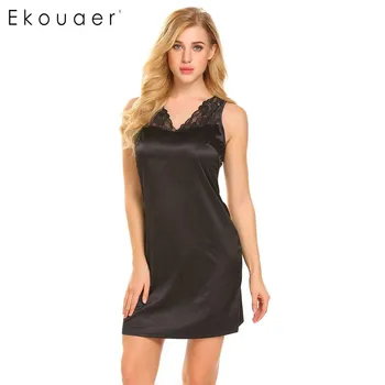 

Ekouaer Women Sexy Nightgown Sleep Dress Lingerie V-Neck Lace Patchwork Satin Chemise Nightdress Female Sleepwear Home Clothes