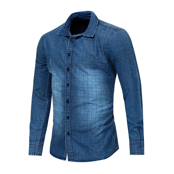 VISADA JAUNA Весенняя джинсовая рубашка с длинным рукавом Тонкая однотонная мужская рубашка из хлопка размера плюс 3XL Повседневная рубашка N9051 - Цвет: DenimBlue
