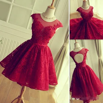 

2019 Red Lace Prom Dresses Short Mini Skirt Sheer Neck Tulle Appliques Graduation Homecoming Party Gowns Vestidos De Fiesta