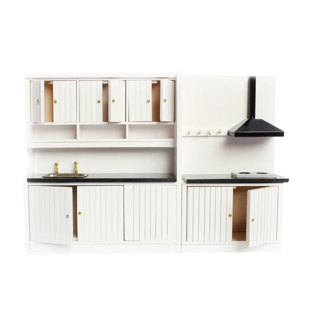 Dollhouse Miniature Furniture Wooden Kitchen Stove Sink Cabinet Cupboard Set