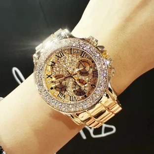 2017 새로운 고품질 고급 크리스탈 다이아몬드 시계 여성 골드 시계 스틸 스트립 로즈 골드 스파클링 드레스 손목 시계 드롭 선박