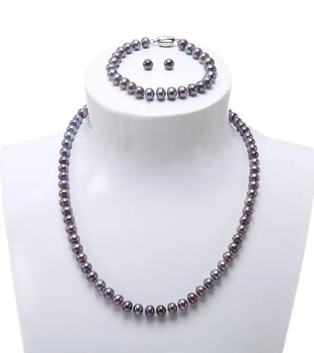 Jewelry Pearl Set Necklace 7-8mm Dark-purple Cultured Freshwater Bracelet Earrings Free Shipping | Украшения и аксессуары