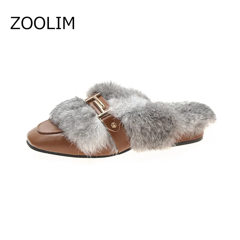 

ZOOLIM Winter Brand Designer Black Brown Vintage Metal Chain Rabbit Hair Woman Fur Slides Slip On Loafers Mules Flip Flop Shoes