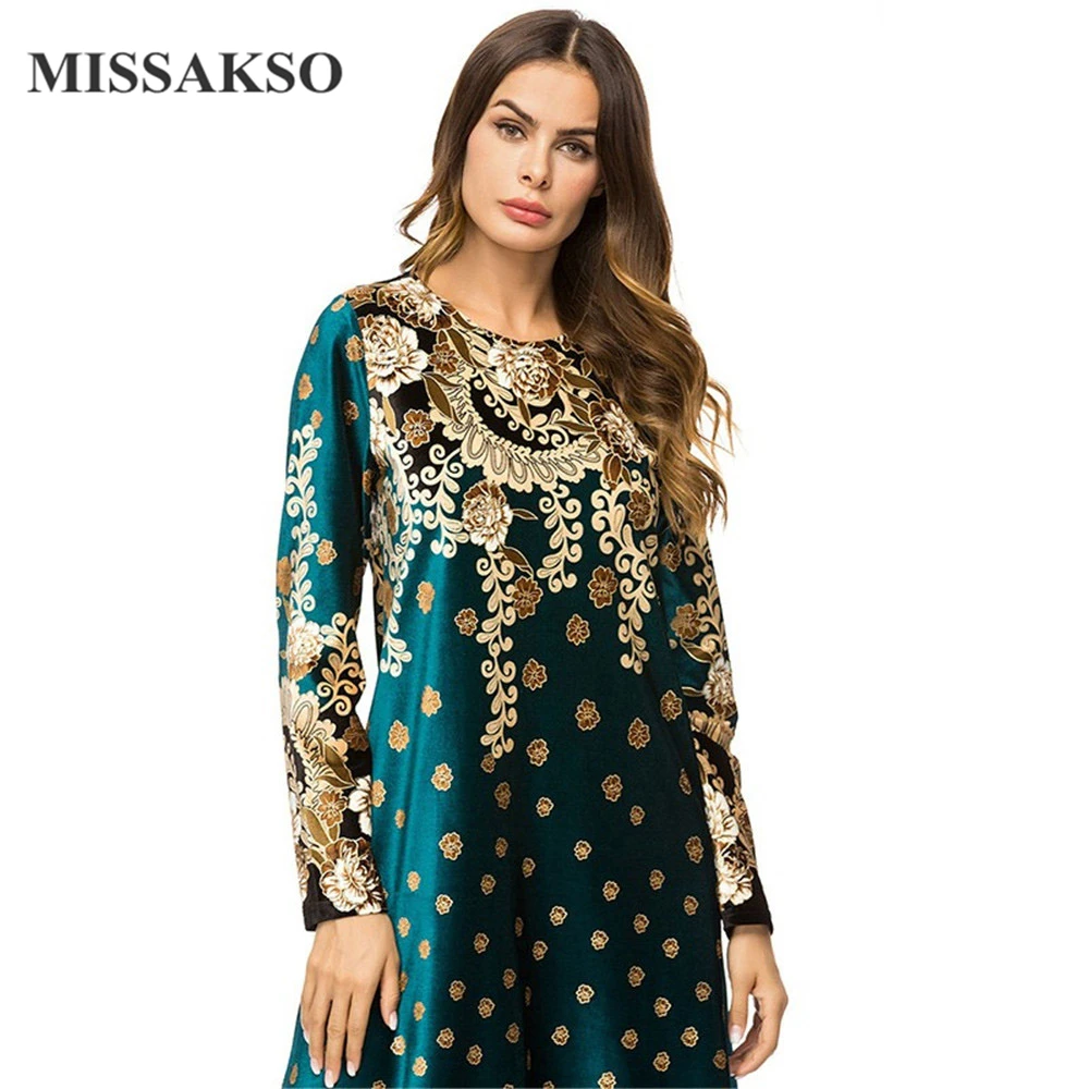 Missakso الأخضر سميكة أنيقة النساء فساتين المخملية خمر طويلة الأكمام الطبيعي الأزهار التطريز الخريف الشتاء س الرقبة السيدات