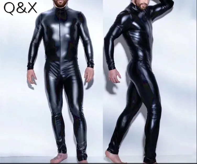 Плюс размер M-3XL сексуальный Высококачественный мужской Облегающий комбинезон кожзаменитель передняя молния мотня боди костюм фетиш эротическое белье - Цвет: Черный