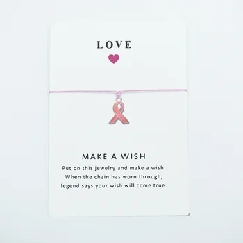 

10PCS Pink Ribbon Dangle Make A Wish Bracelet Jewelry Adjustable Wax Rope Bangle For Women Gift With Card