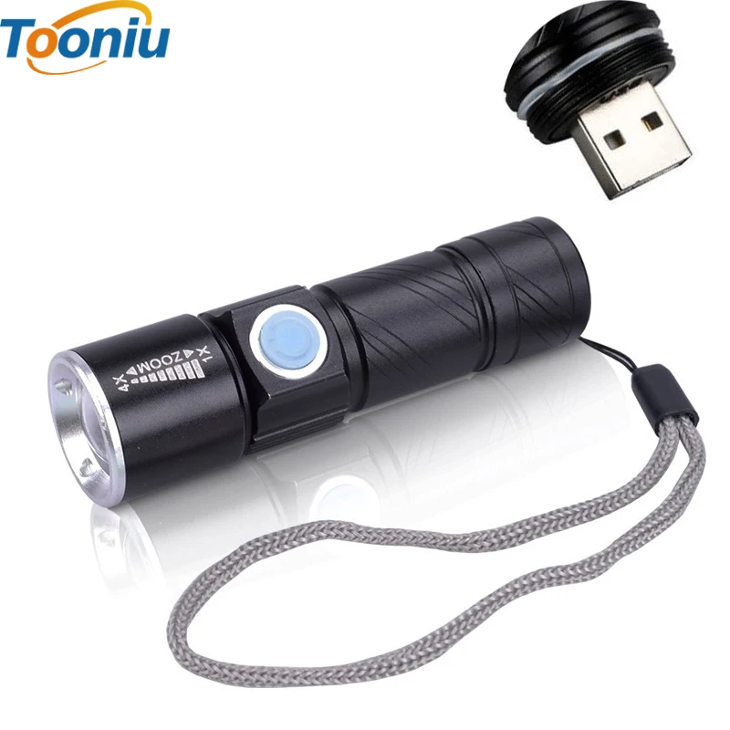 USB Handy LED Torch usb Flash Light Pocket LED Rechargeable Flashlight Zoomable Lamp Build in 16340