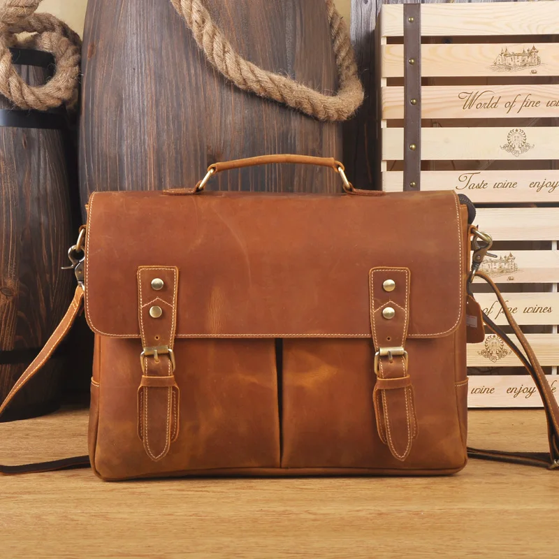

Crazy Horse Genuine Leather Briefcases 14" Laptop Bag Shoulder Bag Fashion Vintage Handbag Dark Brown