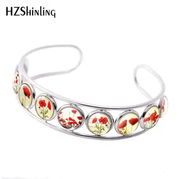 

2019 New Red Flower Cuff Bracelet Plant Art Painting Bracelets Hand Craft Photo Glass Cabochon Jewelry