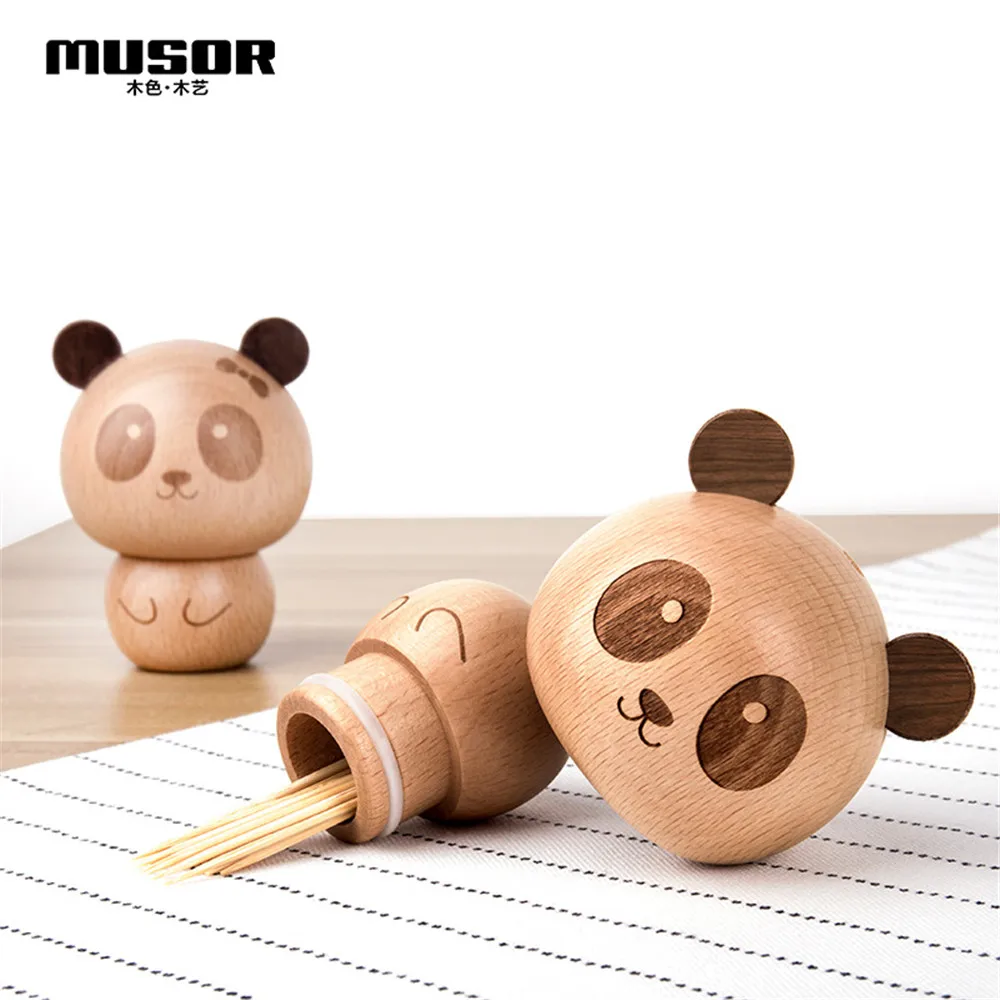 

Wooden Toothpick Box Fun Walnut Elm Toothpick Creative Cute Cartoon Little Panda Toothpick Jar