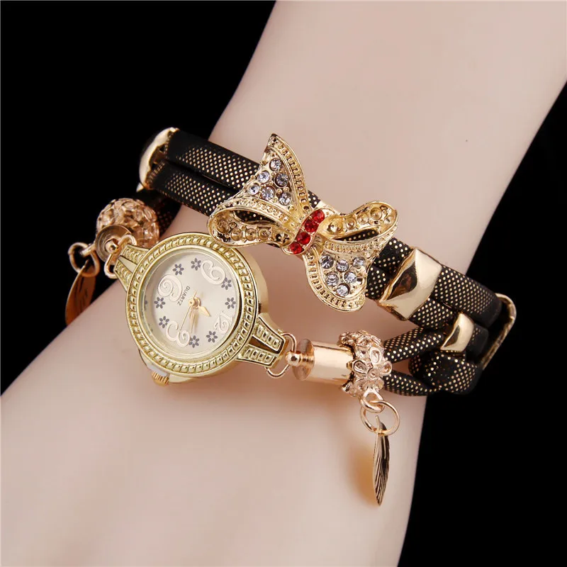 

Rhinestone Bow Pendant Layered Women Round Analog Quartz Lobster Claw Clasp Wrist Casual Watch Rhinestone,