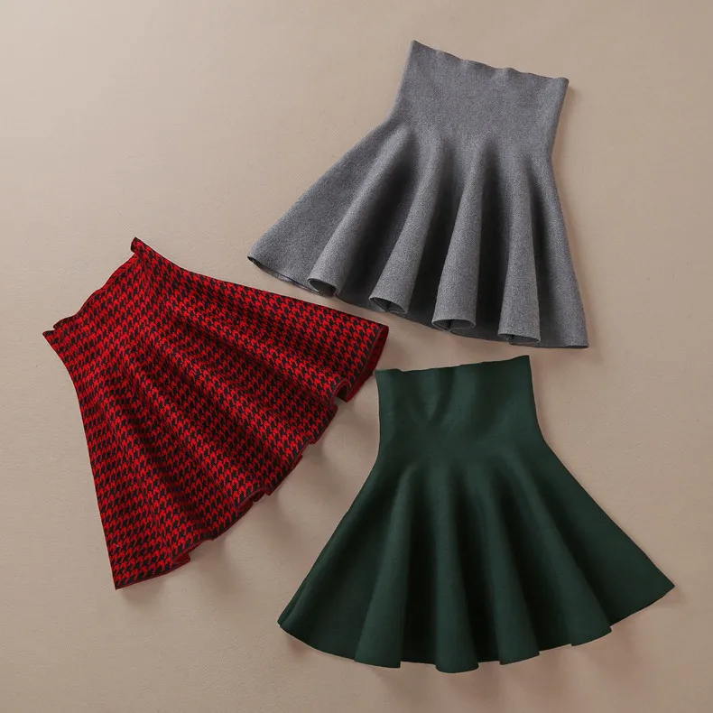 2020 Spring Autumn New Women Skirt Knitting Woolen Midi Skirt Ladies High Waist Casual Pleated Elastic Flared Skirts Womens