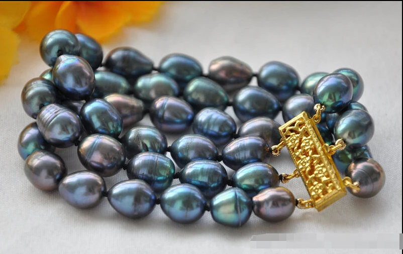 

hot sale FREE SHIPPING ******z5213 3strands 12mm rice peacock black Freshwater cultured pearl bracelet